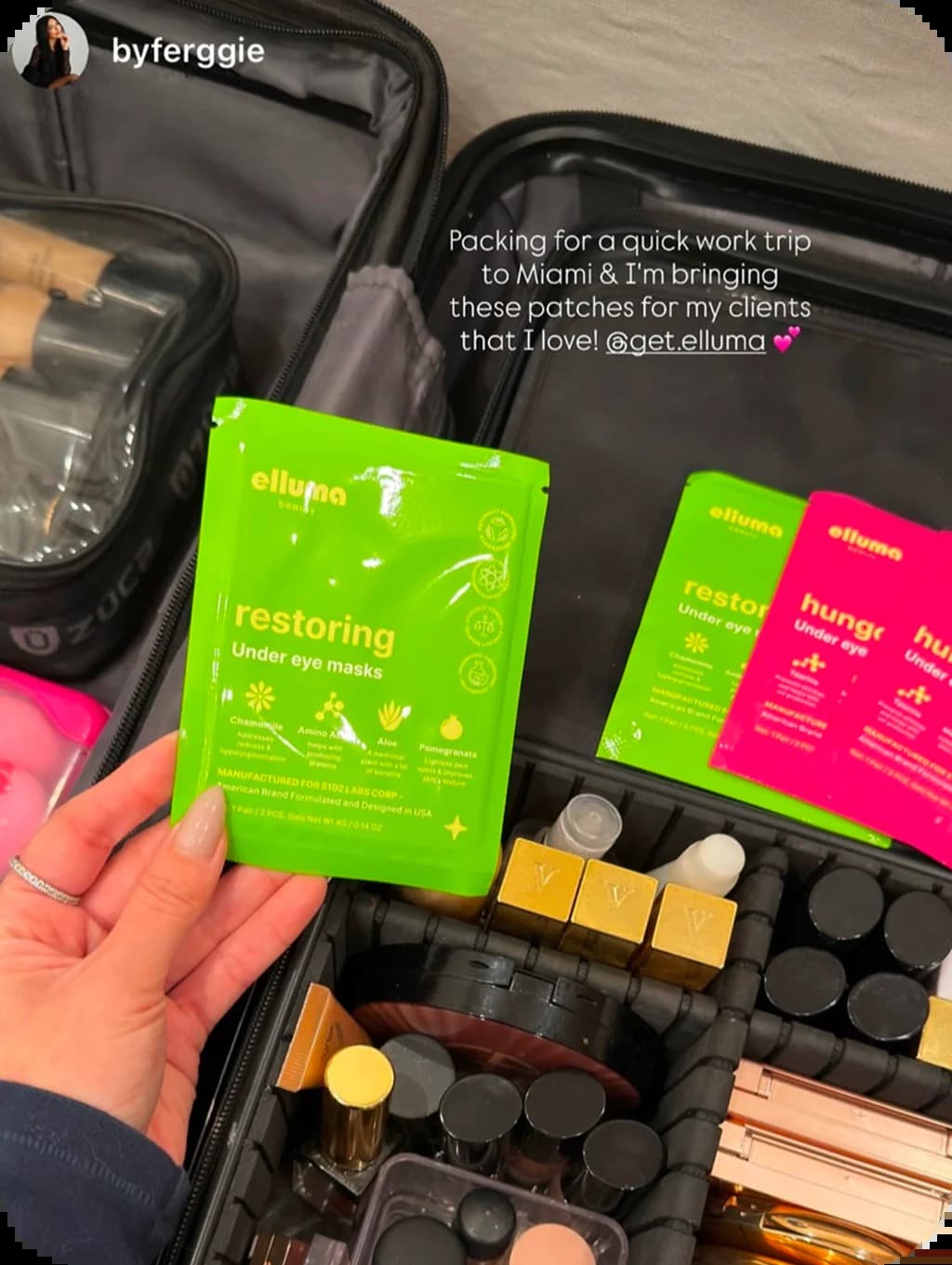 elluma sachets packed in a makeup bag, ready to travel